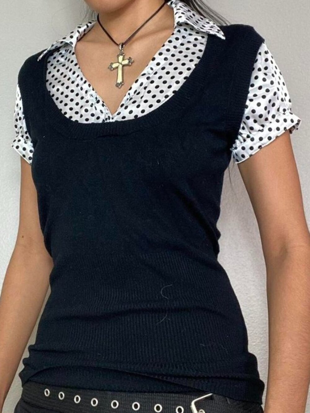 Y2K Office Layered Polka Dot Blouse Sweater Vest Combo Top